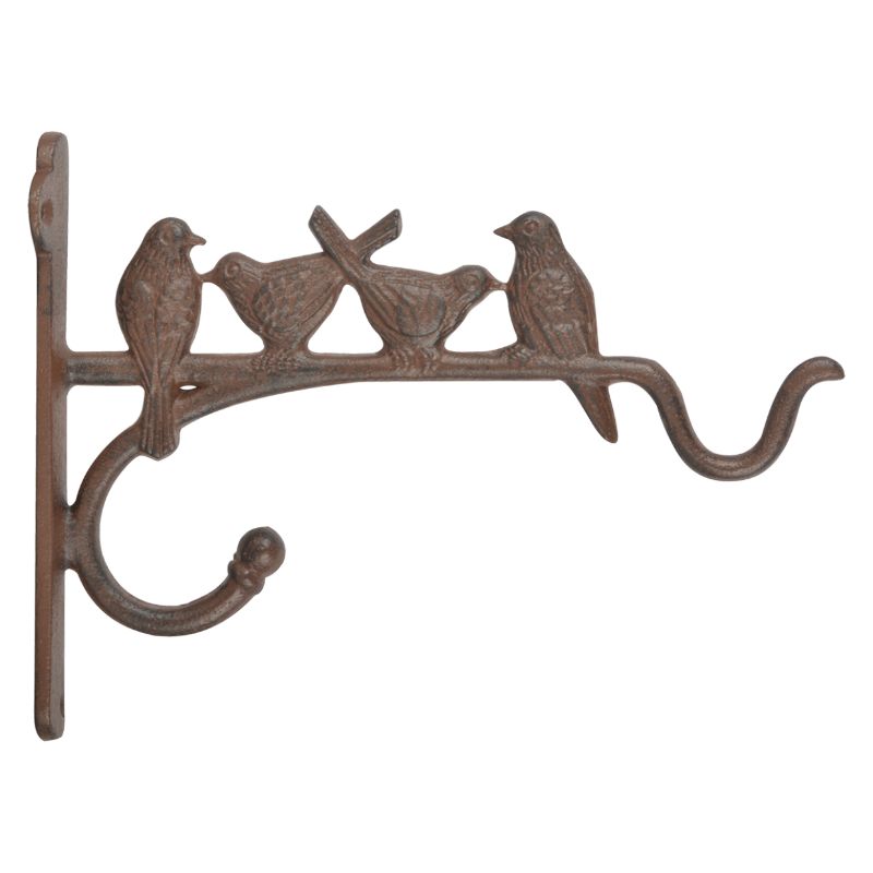 Basket hanging hook featuring decorative birds, crafted in durable cast iron for outdoor charm and lasting style.