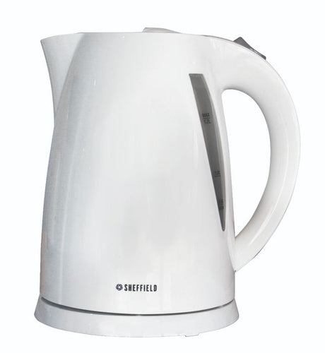 Sheffield Plastic Cordless Kettle 1.7L with transparent gauge, boil-dry protection, and lightweight design for easy serving.