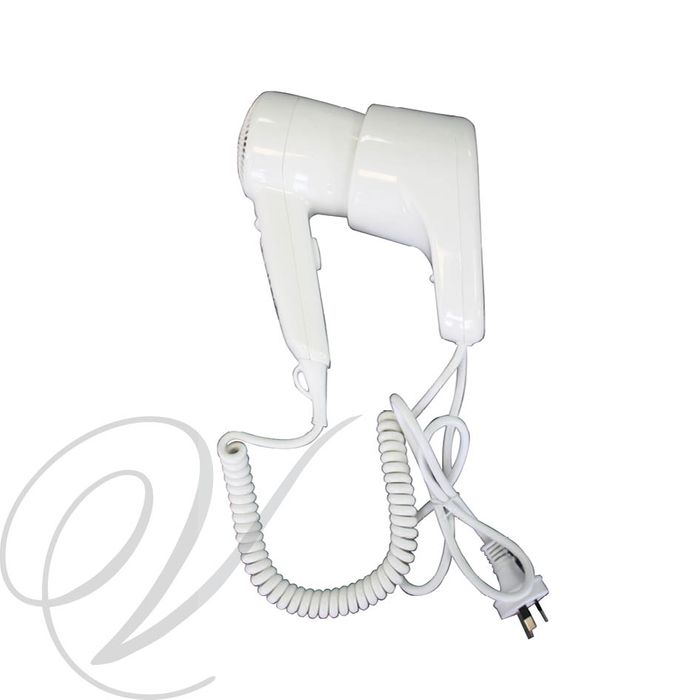 Wall-mounted hair dryer with 1200W power, two speeds, and safety switch for efficient, space-saving dry styling.