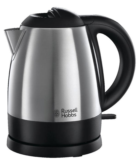 Sleek Russell Hobbs Cordless Kettle in brushed stainless steel, 1L capacity, with auto cut-off and hinged flip-top lid for easy use.