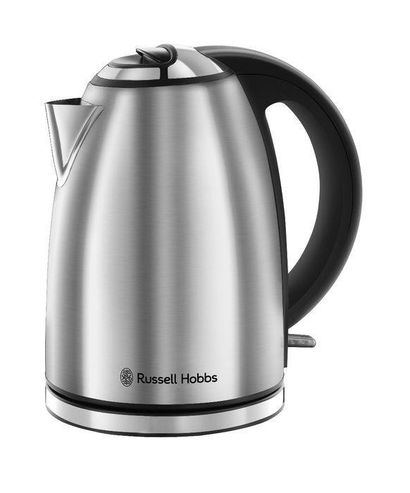 Russell Hobbs Cordless Kettle 1.7L with stainless steel finish, quiet operation, auto shut-off, and illuminated switch.