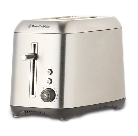 Stylish Russell Hobbs 2-slice toaster in brushed stainless steel with chrome accents and wide slots for perfect toast.