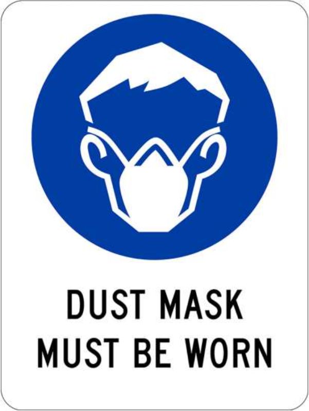 Mandatory sign indicating that a dust mask must be worn, 300mm x 450mm, single-sided PVC material.