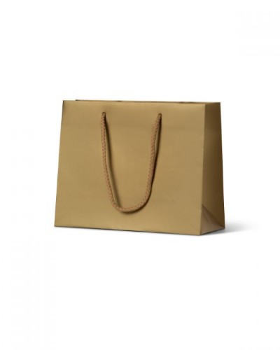Matte emerald laminated paper bag with gold accents, sturdy rope handle, ideal for jewelry and gifts, 50 units.