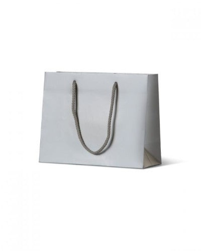 Stylish matte emerald laminated paper bags with rope handles, perfect for jewelry and gifts, sold in packs of 50.