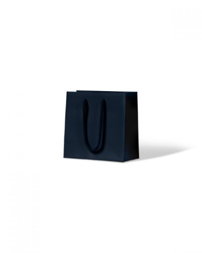 Matte emerald laminated paper bag with navy accents, sturdy rope handle, ideal for jewelry and boutique packaging, set of 50.