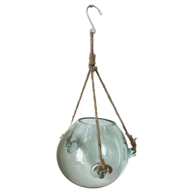 Art Glass Hanging (20cm) featuring hand-blown recycled glass, natural rope, and metal hook, perfect for decor and terrariums.