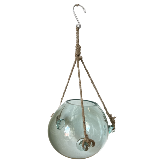 Art Glass Hanging (20cm) featuring hand-blown recycled glass, natural rope, and metal hook, perfect for decor and terrariums.