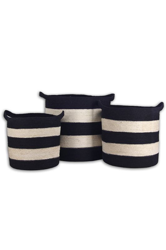 Set of 3 black round jute planters with stripes, perfect for indoor and outdoor use, available in three sizes.