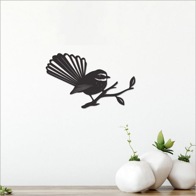 Black acrylic fantail wall art, 13.7cm, featuring detailed design and matte finish for stylish home decor.