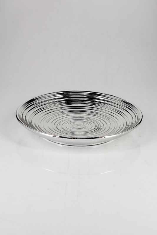 Set of 12 silver ceramic shallow dishes with a reflective glaze and ribbed texture, perfect for elegant dining and serving.