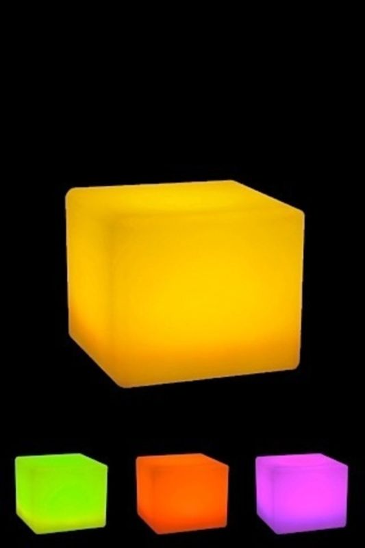 Rechargeable LED cube stool in assorted colors, perfect for indoor/outdoor use with remote control and 8-hour run time.