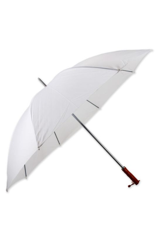 Set of 5 white wedding umbrellas with double steel ribs, offering protection for guests from sun or rain during events.