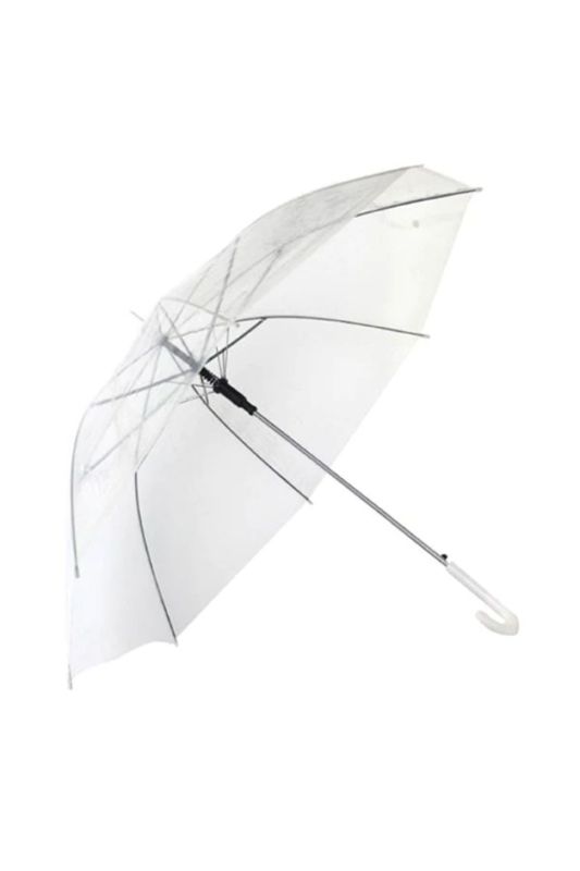 Set of 5 clear wedding umbrellas with steel ribs, 27 inches wide, designed to keep guests dry without blocking their view.