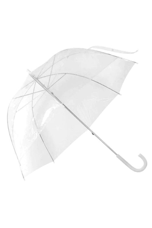 Set of 5 clear dome umbrellas with steel ribs, perfect for protecting guests and ensuring beautiful wedding photos.