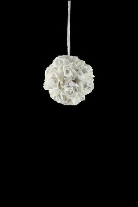 White foam rose kissing ball, 16cm diameter, ideal for wedding decor, customizable for themes, clearance price.