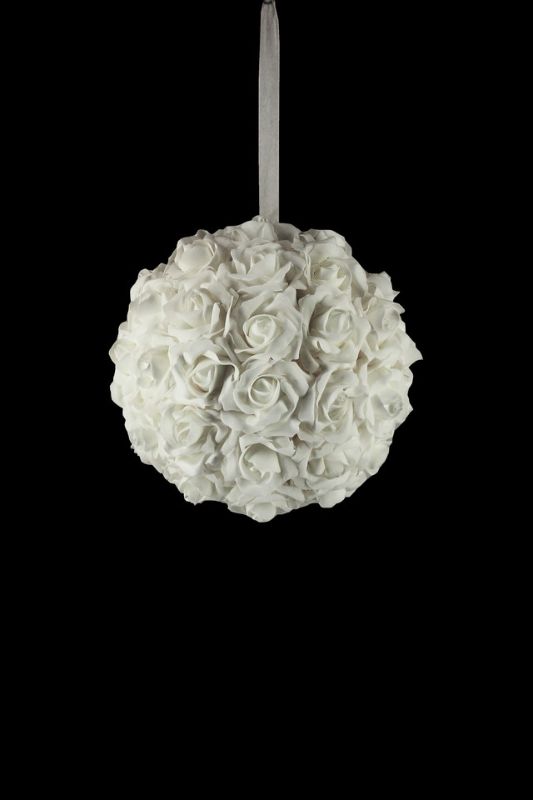 Elegant white foam rose kissing balls, 30cm diameter, set of 3, perfect for wedding decor and versatile event styling.