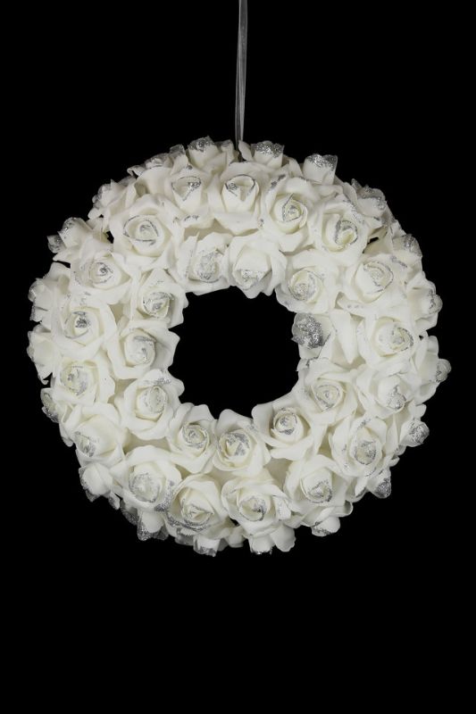 Elegant white foam rose wreaths with glitter, 40cmD, perfect for home decor or events, set of 2.