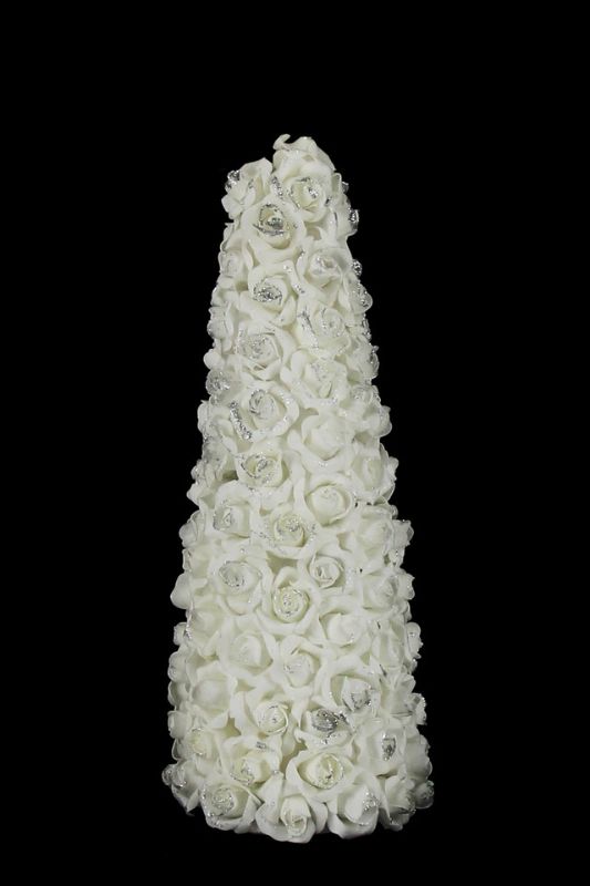 Elegant white Foam Rose Towers with glitter, 50cm high, perfect for chic decor or centerpieces, set of 4.