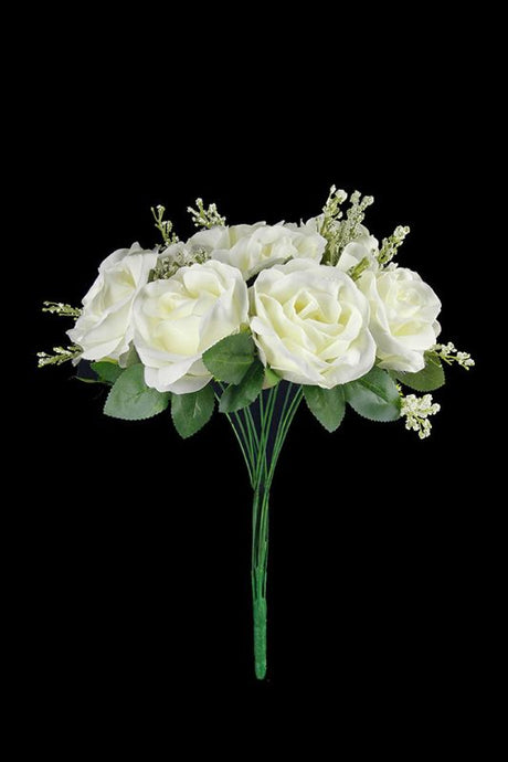Elegant white artificial rose bunch with gyp fillers, set of 5, perfect for home decor and special occasions.