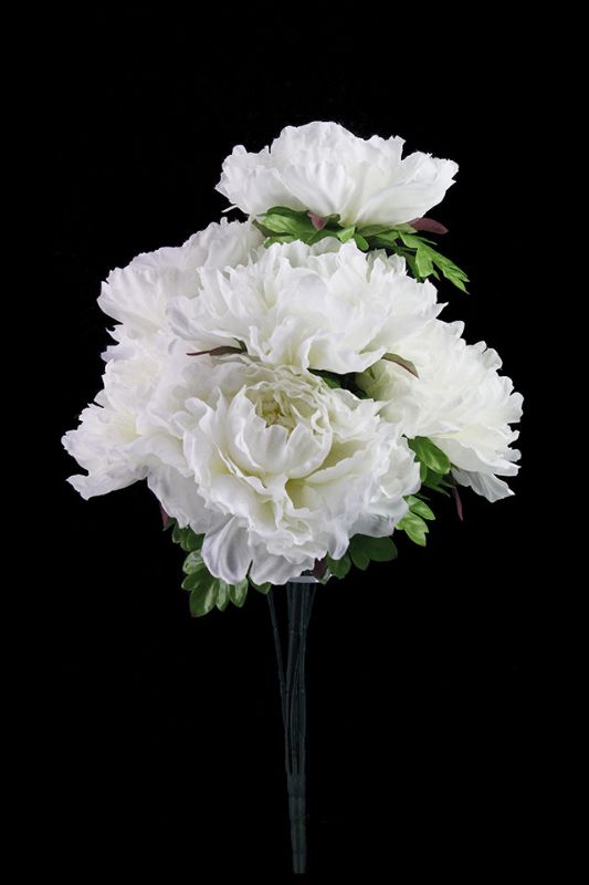 Set of 6 elegant white artificial peony sprays featuring 7 large ruffled heads, perfect for home decor and floral arrangements.