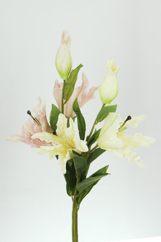 White artificial lily spray set of 6, featuring 2 heads and a bud, each 90cm tall, perfect for elegant home decor.
