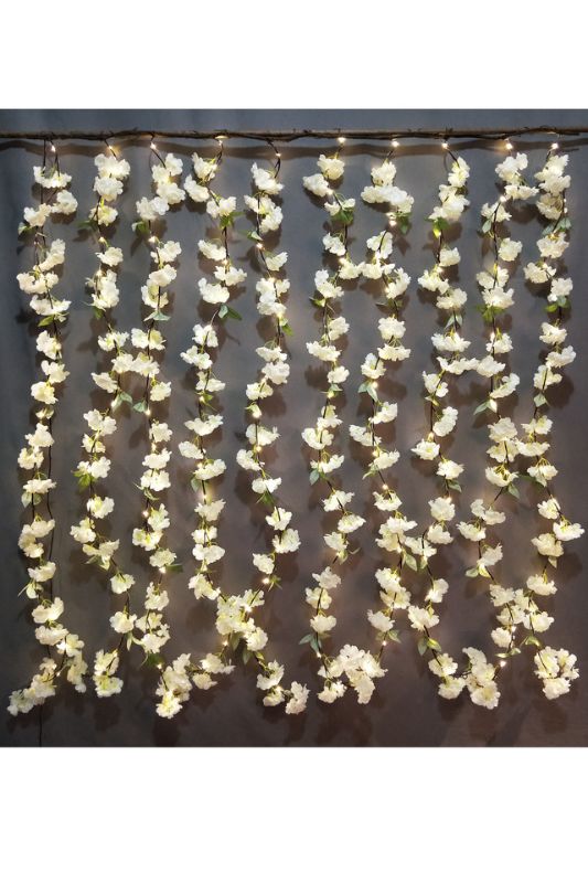 Light pink cherry blossom curtain with 180 warm white LEDs, 150x160 cm, perfect for elegant home and event decor.