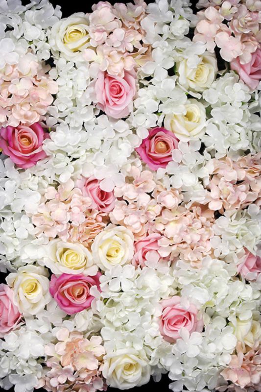 Stunning white hydrangea and rose wall panel, ideal for elegant backdrops and floral displays at events or home decor.