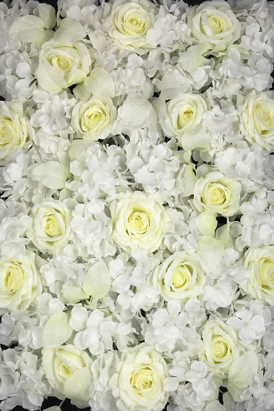 White hydrangea and rose flower wall panel with 44 heads, perfect for enchanting backdrops at events and weddings.