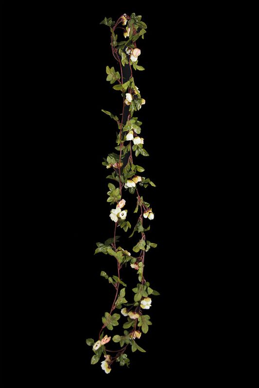 Artificial white and green rose bud and leaf garland, featuring 42 buds and 35 leaves, perfect for elegant decor.