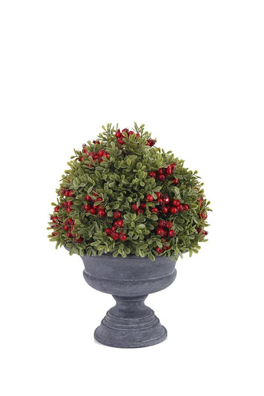 Artificial large urn filled with lush greenery and berries, perfect for festive decor or weddings in white and green colors.