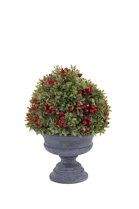 Artificial large urn filled with lush greenery and berries, perfect for festive decor or weddings in white and green colors.