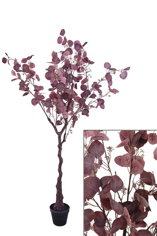 Lifelike 150cm Artificial Medium Dollar Gum Tree with plum leaves and realistic wood stem, perfect for home or office decor.