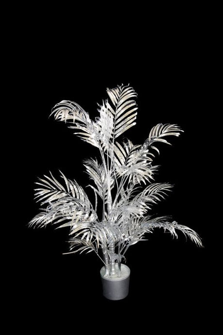 Artificial Metallic Areca Palm in Silver, 105cm tall, adds a stylish tropical touch to decor for events and everyday elegance.