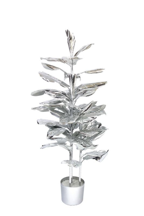 Artificial metallic silver fiddle plant with 45 leaves, 120cm tall, perfect for modern home decor and festive styling.