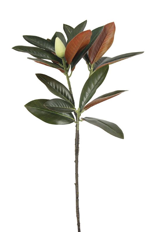 Artificial Magnolia Leaf Spray Set of 3 with 1 flower bud, 15 green leaves, and copper underside, perfect for elegant décor.