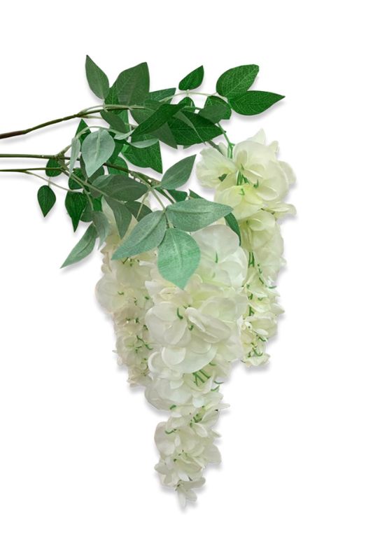Elegant white artificial wisteria sprays with cascading blooms, perfect for decorative arrangements and weddings. Set of 6, 82cm long.