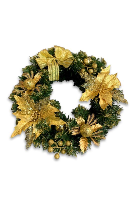 Gold glitter Christmas wreath rings set of 3, embellished with bows, berries, and Poinsettias, perfect for festive decor.