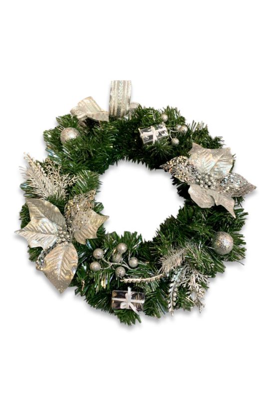 Set of 3 silver glitter Christmas wreath rings featuring bows, berries, and metallic Poinsettia, measuring 40cm each.