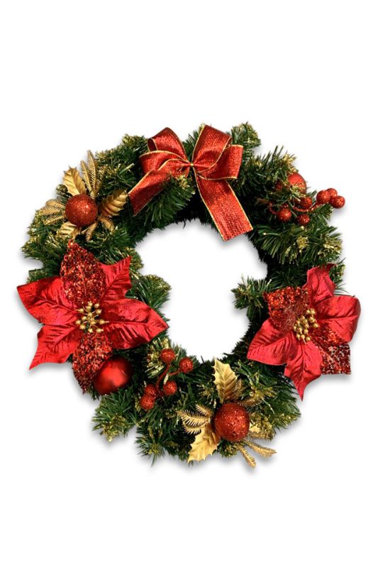 Set of 3 red glitter Christmas wreath rings with bows, berries, and Poinsettia accents, perfect for festive decor.