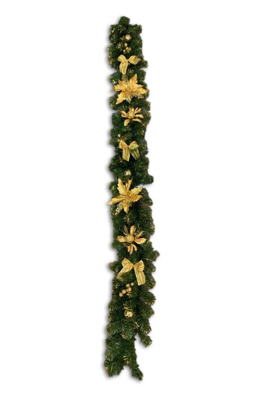 Gold glitter Christmas garland set of 3, featuring bows, berries, and metallic Poinsettias, each 180cm long.