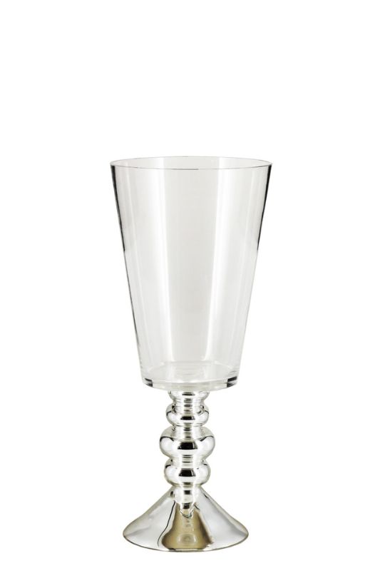 Elegant set of 6 clear glasses with straight taper and silver stems, perfect for showcasing beverages at any gathering.