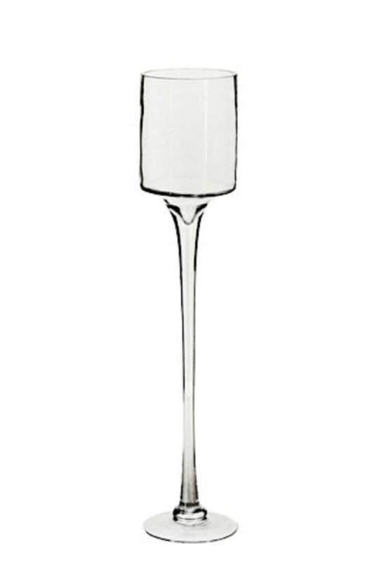 Set of 12 tall clear glass stem cylinders, perfect for elegant centerpieces at events and special occasions.