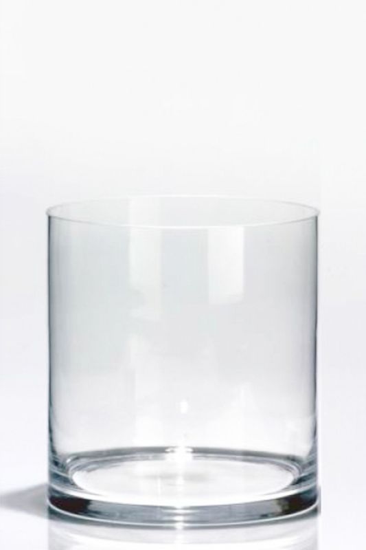 Set of 6 clear glass wide cylinder vases, ideal for floral displays and decorative candles, measuring 20 x 20 cm.