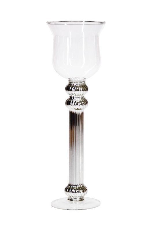 Elegant set of 9 clear glass T-Lite holders with silver stems, perfect for creating a warm ambiance at any event.