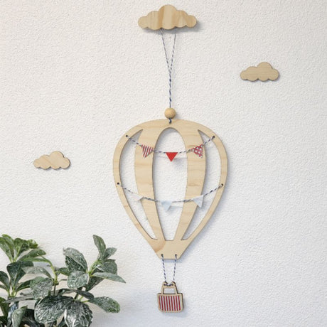 Hot Air Balloon Pine Kit Set, 23.8cm, whimsical wall art for children's rooms, laser cut from 4mm pine veneer.