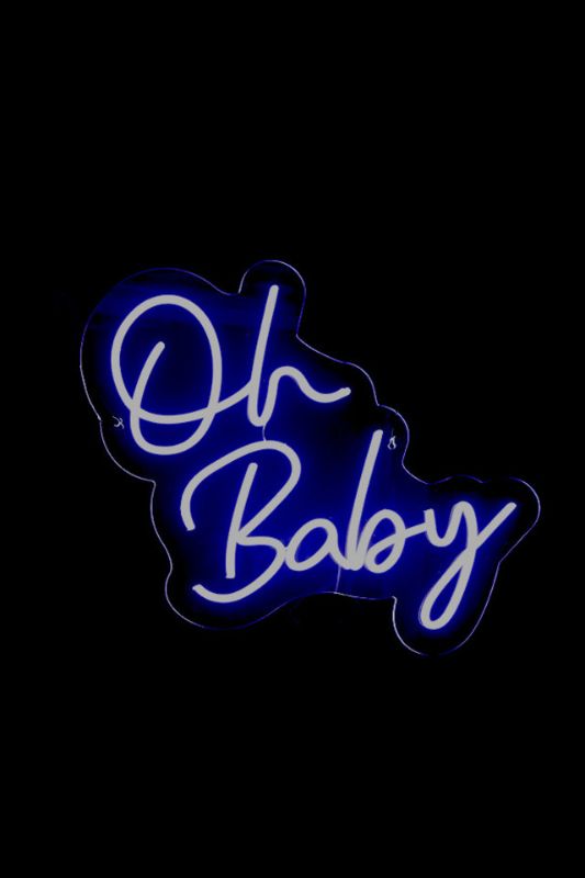 Neon LED 'Oh Baby' sign in white, perfect for nurseries and celebrations, energy-efficient with sleek wall-mounted design.