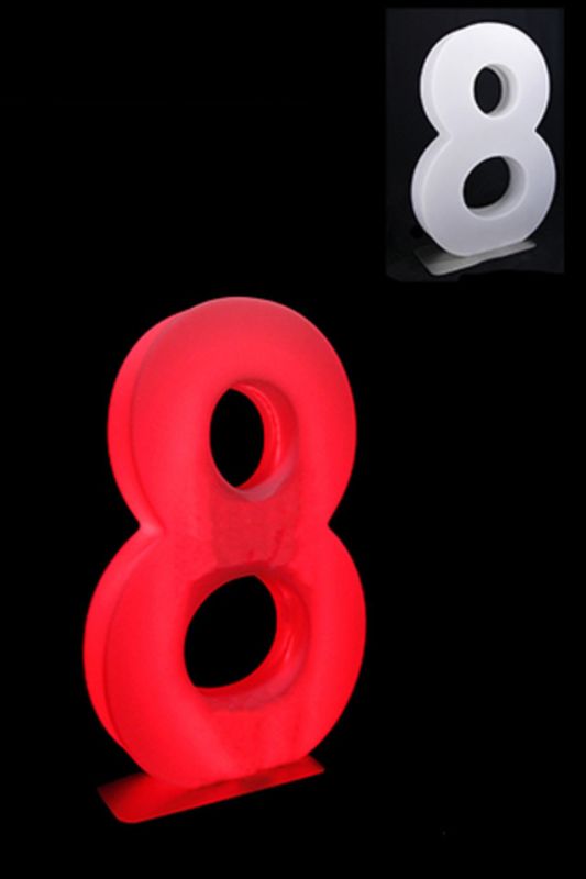 Giant LED Number 8, 81cm high, RGB remote-controlled with 12 colors, stainless steel base for elegant milestone celebrations.