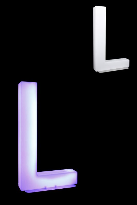 Giant LED Letter L, 82cm tall, RGB with remote control, bright colors, stable stainless steel base for decor or events.
