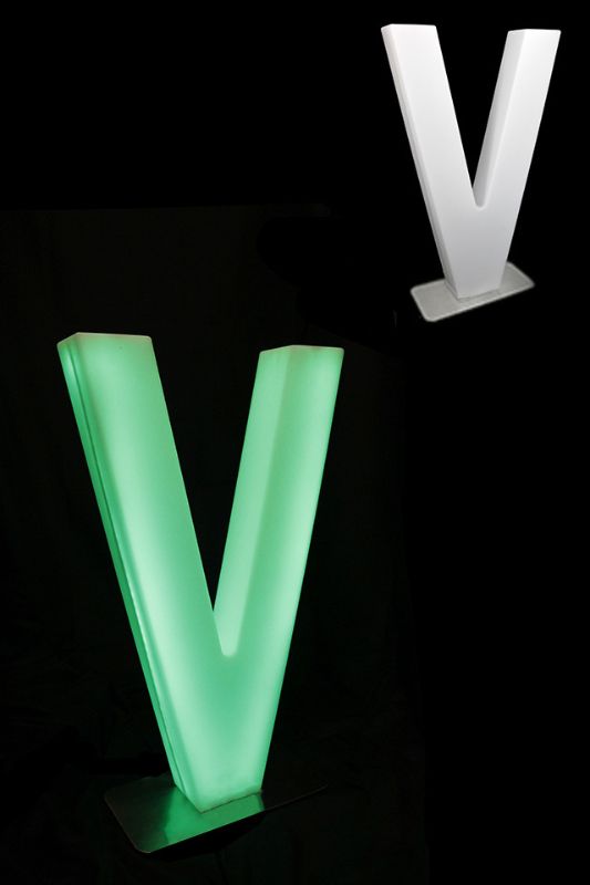 Giant RGB LED Letter V with remote, 82cmH, emits vibrant colors for celebrations, set on a sturdy stainless steel base.